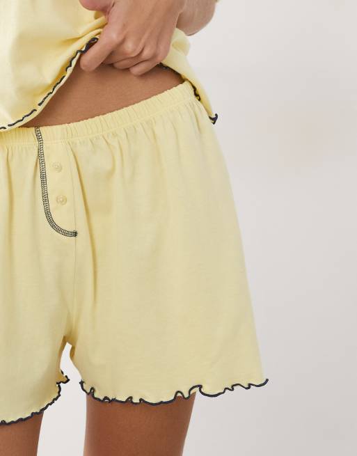 ASOS DESIGN Embroidered ciao slogan short sleeve tee and short pyjama set with lettuce edge in lemon, 4 of 4