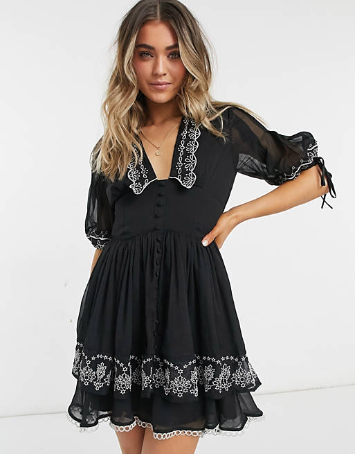 ASOS DESIGN embroidered collar mini dress with tie sleeve in black