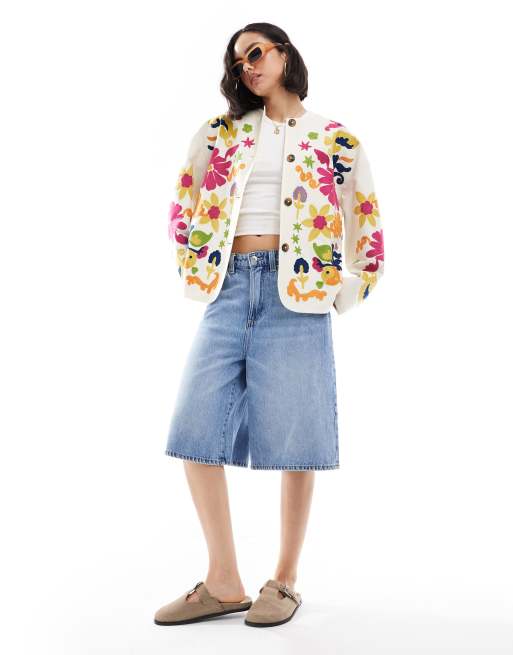 ASOS DESIGN embroidered collarless jacket in ecru