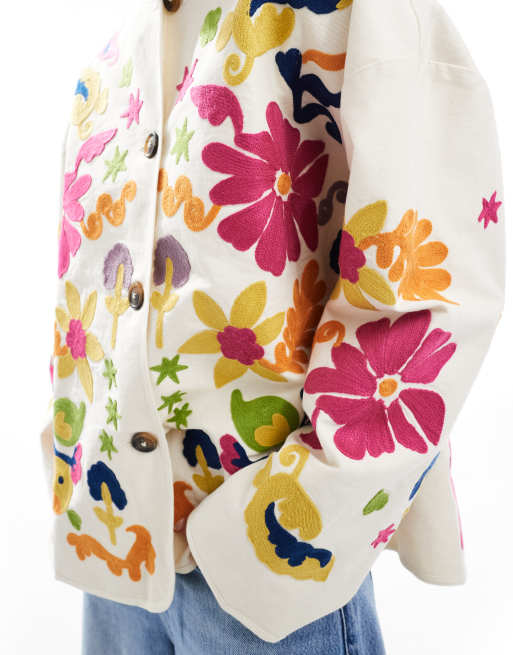 ASOS DESIGN embroidered collarless jacket in ecru