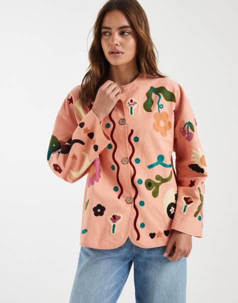 ASOS DESIGN embroidered collarless jacket in peach - view 1