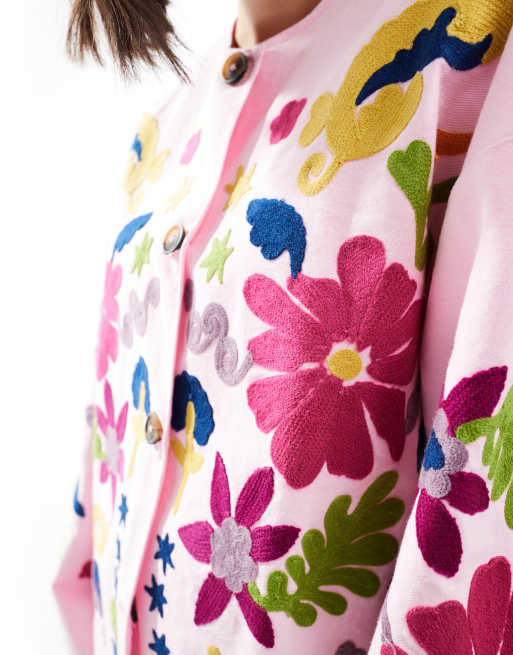 ASOS DESIGN embroidered collarless washed jacket in pink, 3 of 4