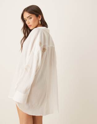 Asos Design Embroidered Cotton Crinkle Cover Up Beach Shirt