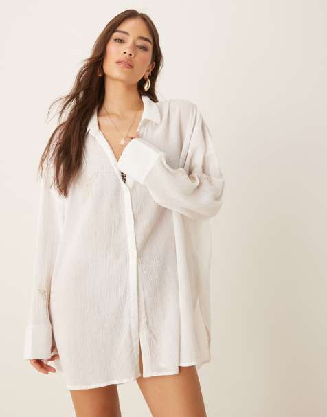 ASOS DESIGN embroidered cotton crinkle cover up beach shirt in white - view 1