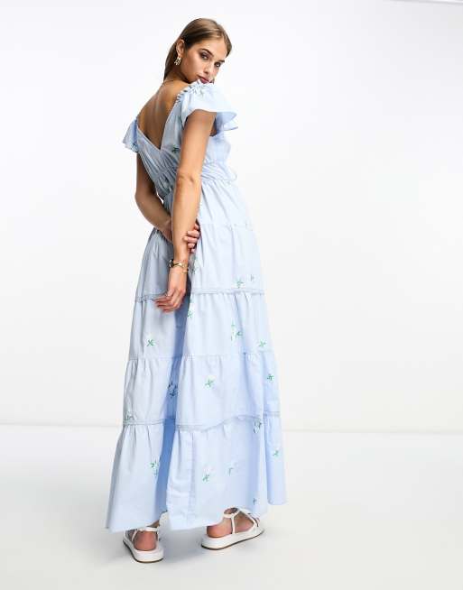 Asos design long sleeve midi dress with embroidered flowers and ruffle detail sale