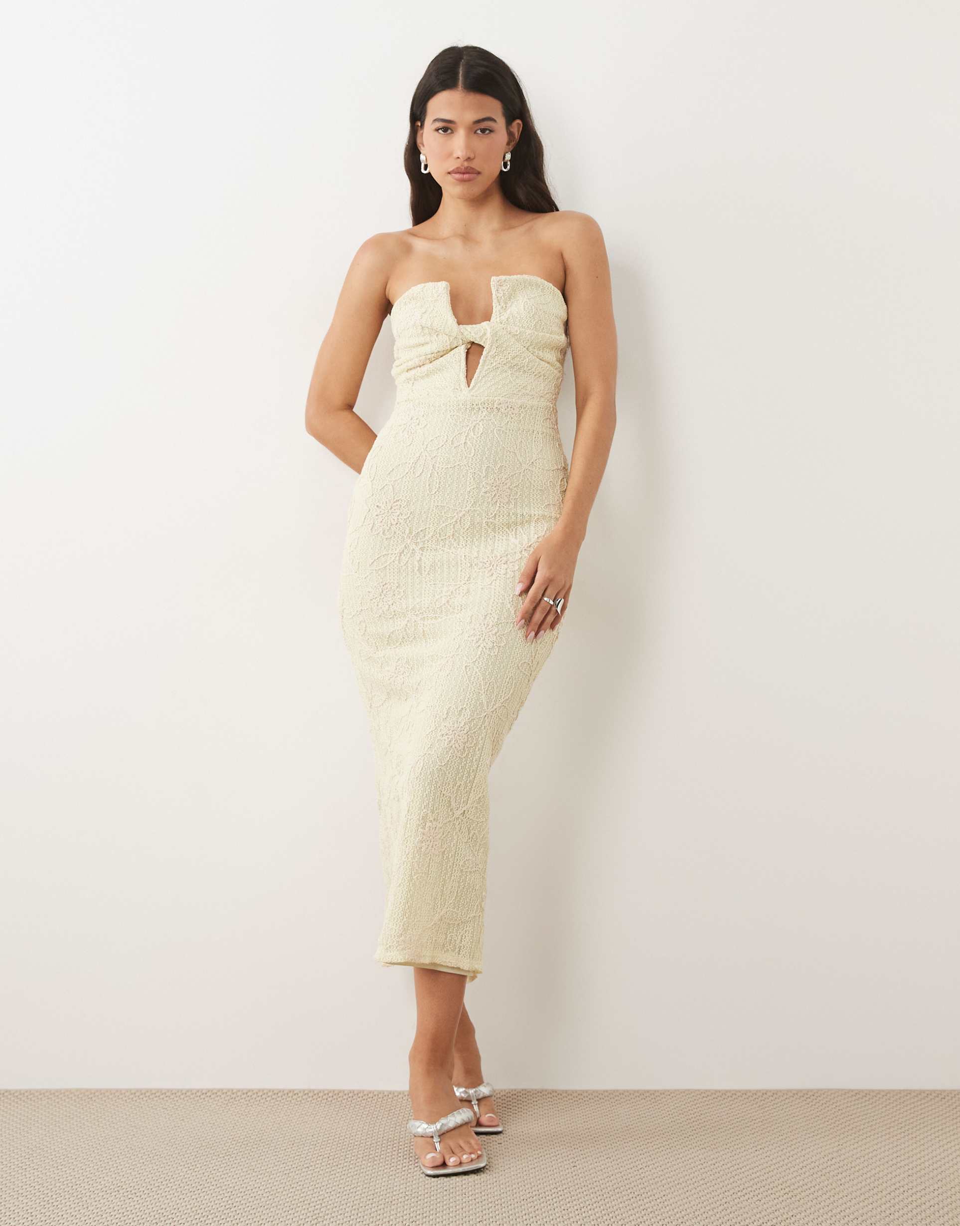 asos design embroidered crochet bandeau midi dress in lemon