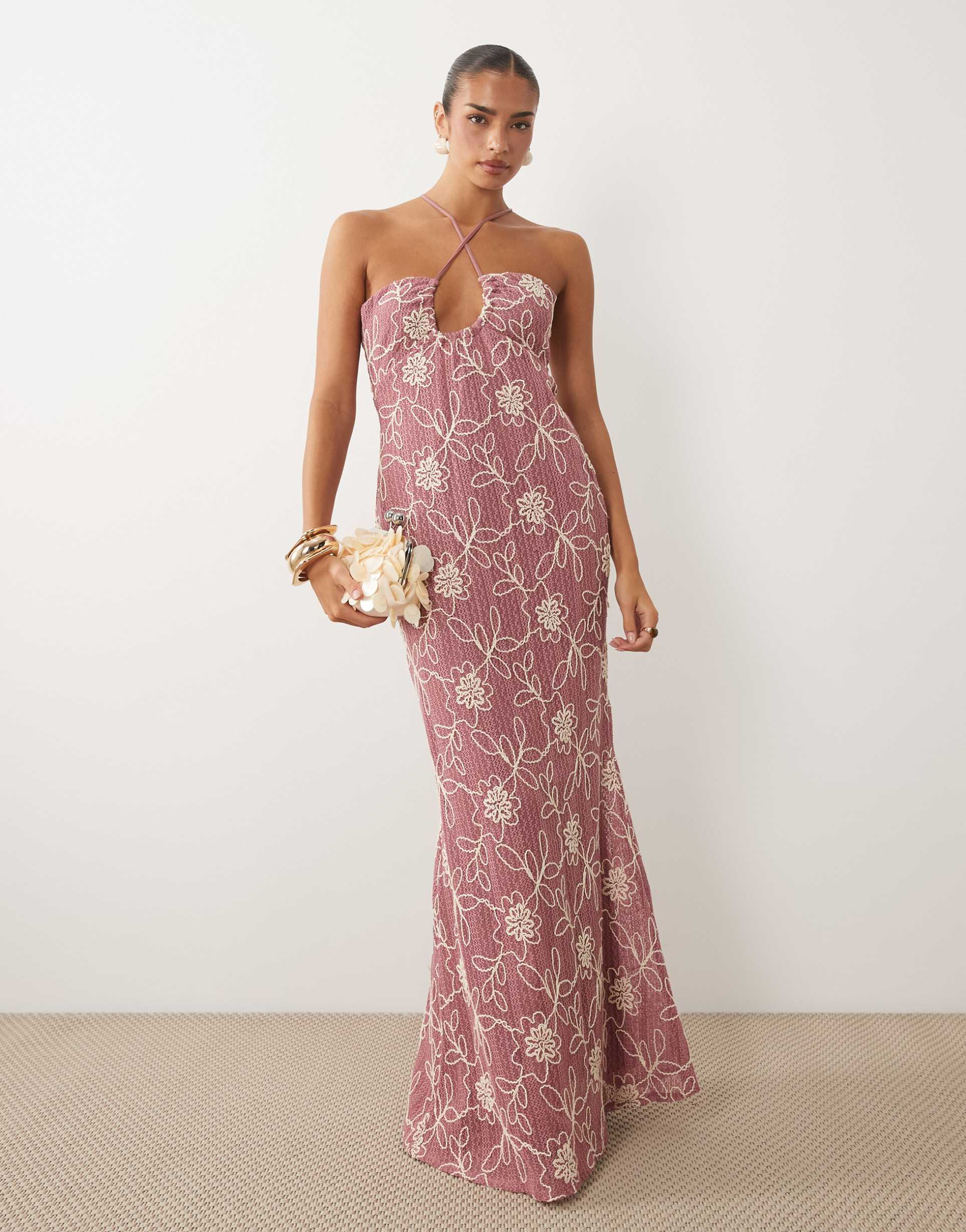 asos design embroidered crochet maxi dress with u-scoop detail in pink