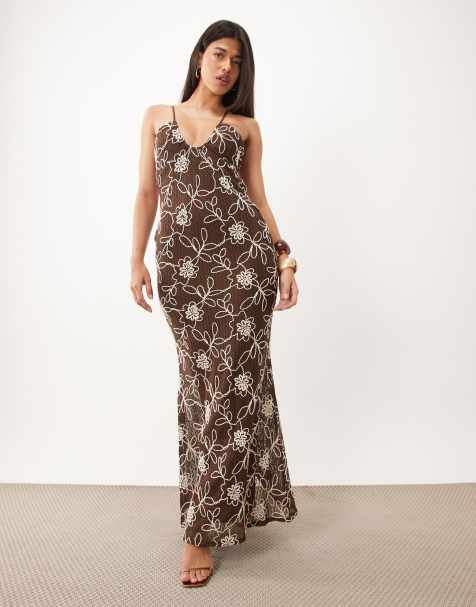 ASOS DESIGN embroidered crochet maxi dress with u scoop in brown - view 1