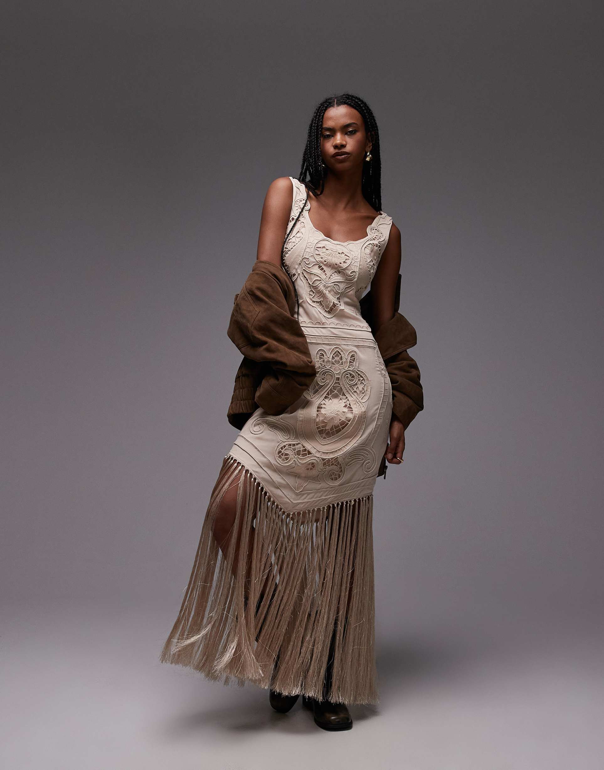 asos design embroidered cut work maxi dress with fringing in cream
