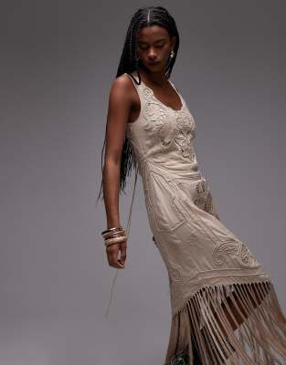 ASOS DESIGN embroidered cut work maxi dress with fringing in cream
