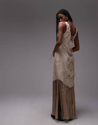 ASOS DESIGN embroidered cut work maxi dress with fringing in cream