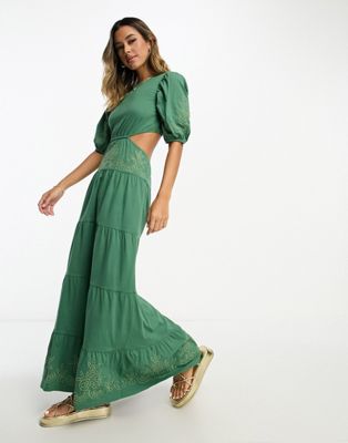 ASOS DESIGN embroidered cut work tiered maxi dress in forest green