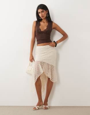 Asos Design Embroidered Cutabout Hanky Hem Midi Skirt In White