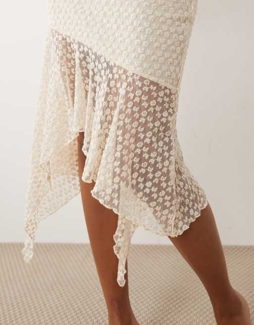 ASOS DESIGN embroidered cutabout hanky hem midi skirt in cream, 3 of 5