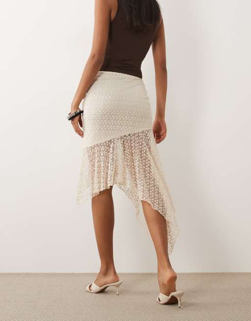 ASOS DESIGN embroidered cutabout hanky hem midi skirt in cream, 5 of 5