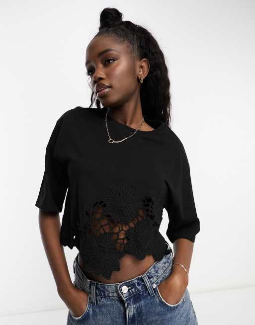 ASOS DESIGN embroidered cutwork boxy cropped t-shirt in black