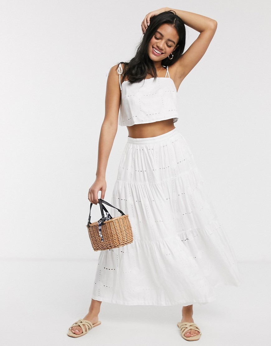 ASOS DESIGN embroidered daisy grid midi skirt in white co-ord