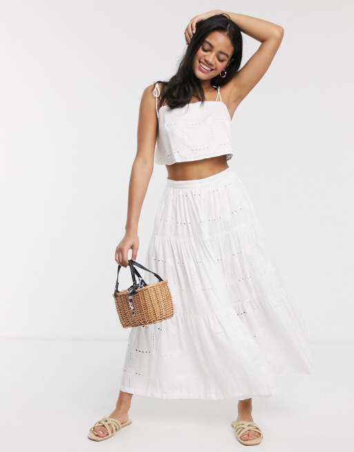 ASOS DESIGN embroidered daisy grid midi skirt in white two piece