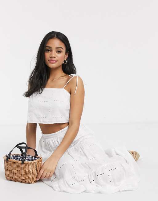 ASOS DESIGN embroidered daisy grid midi skirt in white two-piece