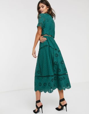 asos design double layer midi embroidered dress with long sleeves