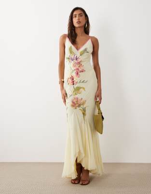 ASOS DESIGN embroidered & embellished contrast straps and binding godet maxi dre