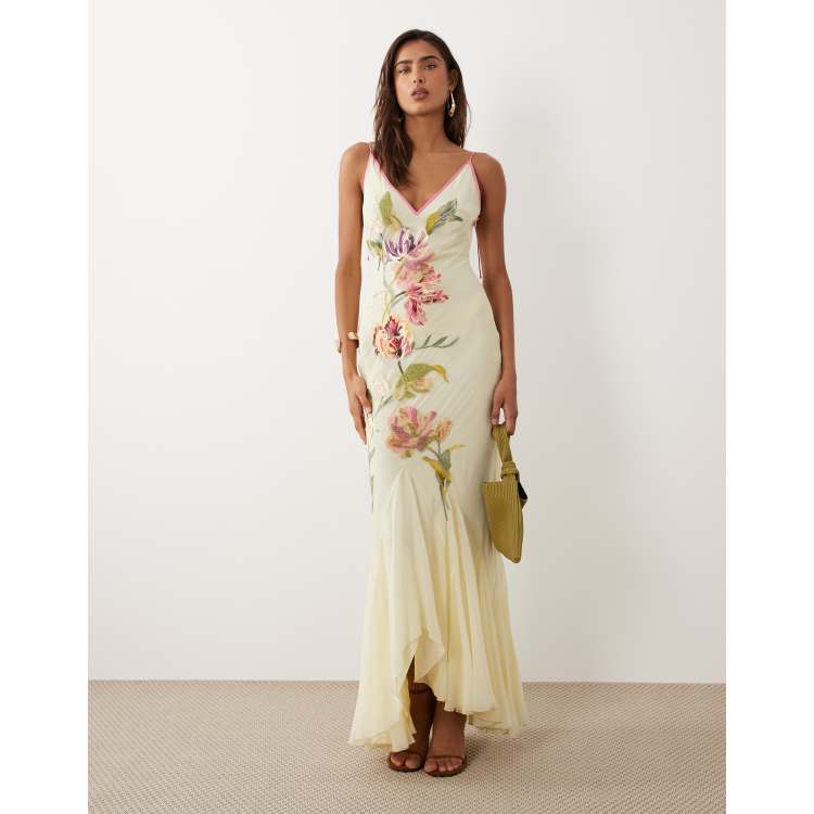 ASOS DESIGN embroidered & embellished contrast straps and binding godet  maxi dress in yellow | ASOS