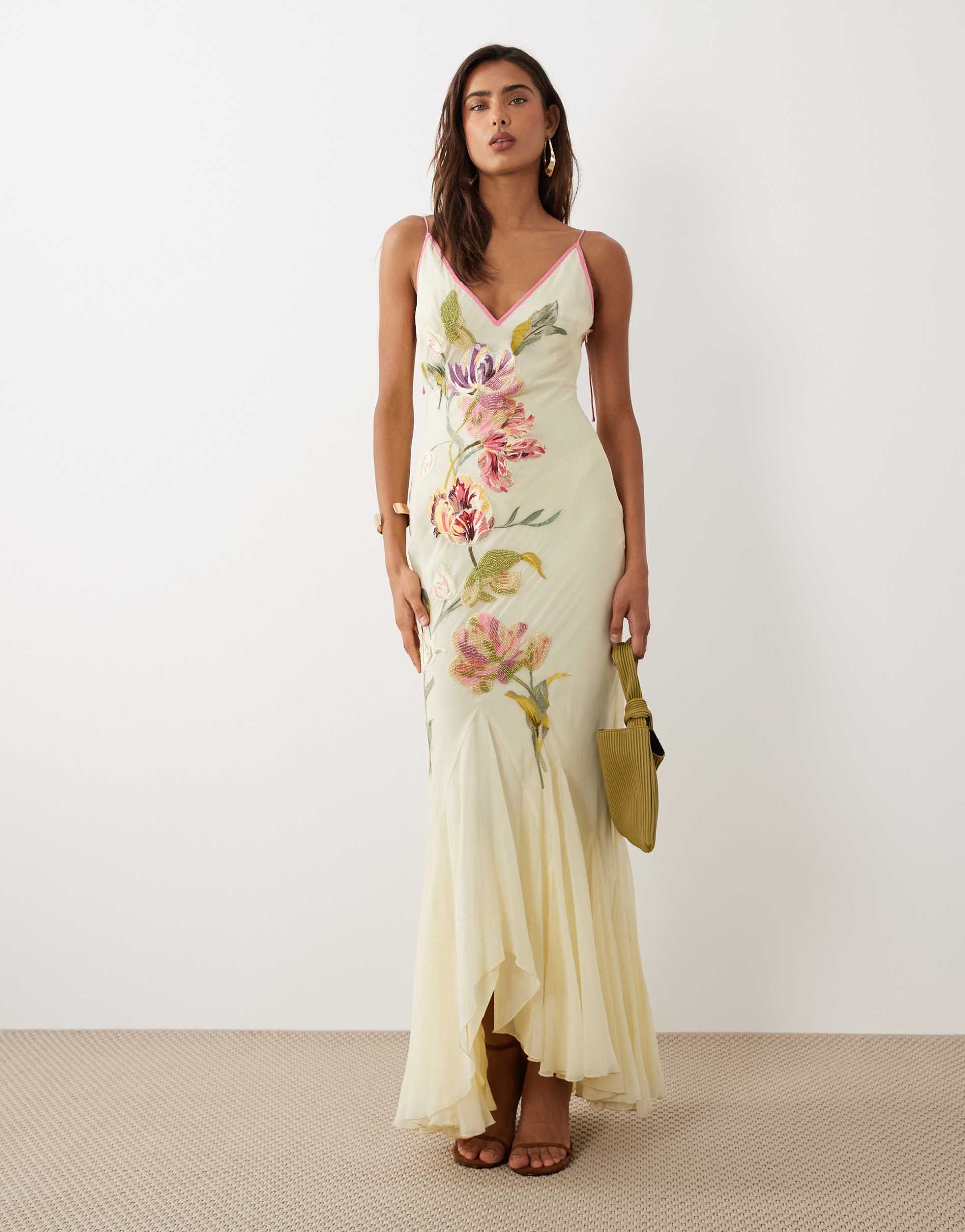 asos design embroidered & embellished contrast straps and binding godet maxi dress in yellow