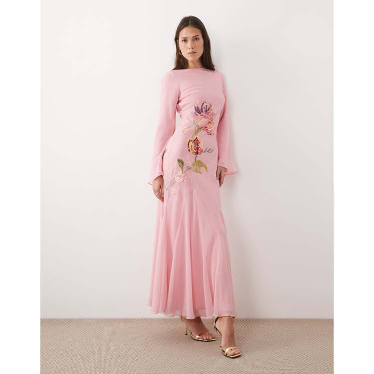 asos design embellished maxi dress ASOS DESIGN embellished maxi dress with godet skirt and balloon sleeve in  sage green