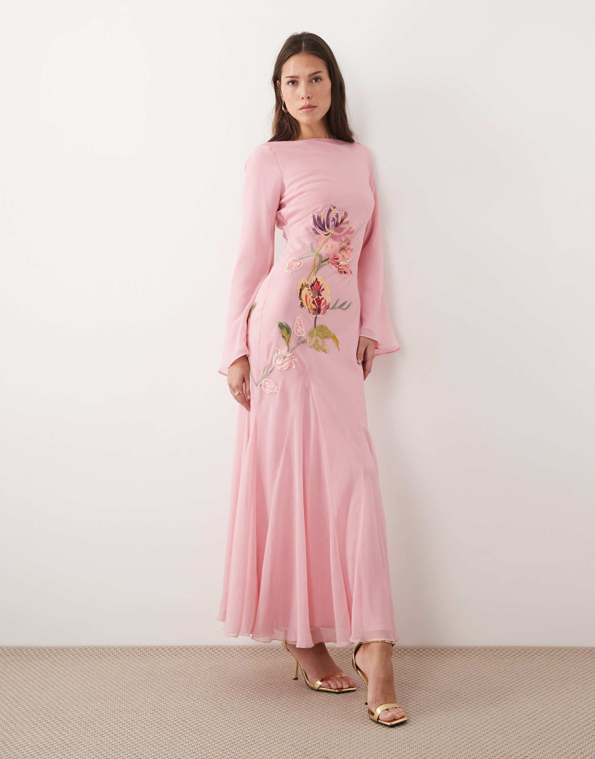 asos design embroidered & embellished maxi dress with godets and long sleeves in pink