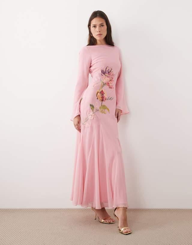 ASOS DESIGN embroidered & embellished maxi dress with godets and long sleeves in pink