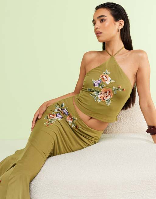 ASOS DESIGN embroidered fishtail maxi skirt in green (Part of a set), 2 of 4