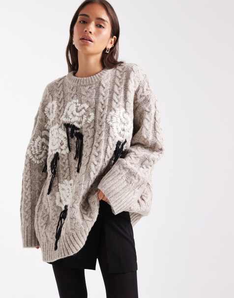ASOS DESIGN embroidered floral cable oversized jumper in oatmeal - view 1