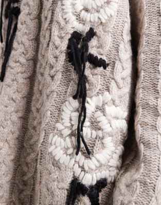 Asos Design Embroidered Floral Cable Oversized Sweater In Gray