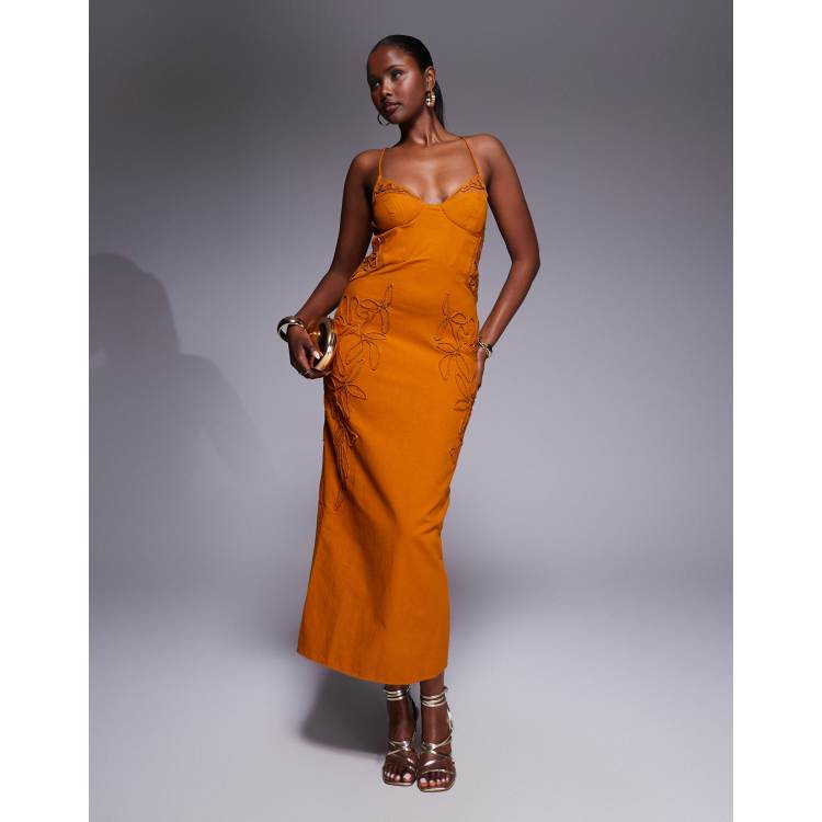 ASOS Design Embroidered Floral Corset Maxi Dress in Deep Gold
