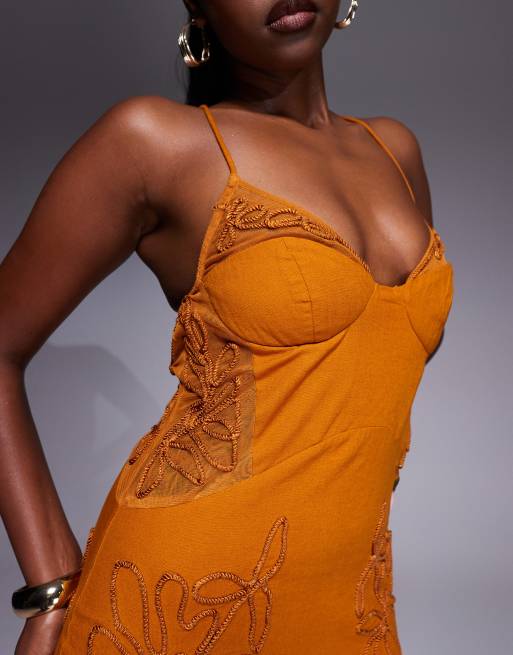 ASOS DESIGN embroidered floral corset maxi dress in deep gold