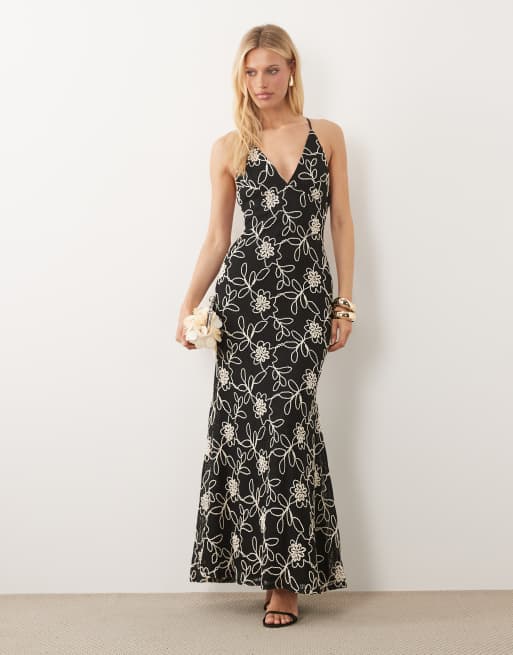 ASOS DESIGN embroidered floral crochet maxi dress with cut outs in mono, 2 of 4