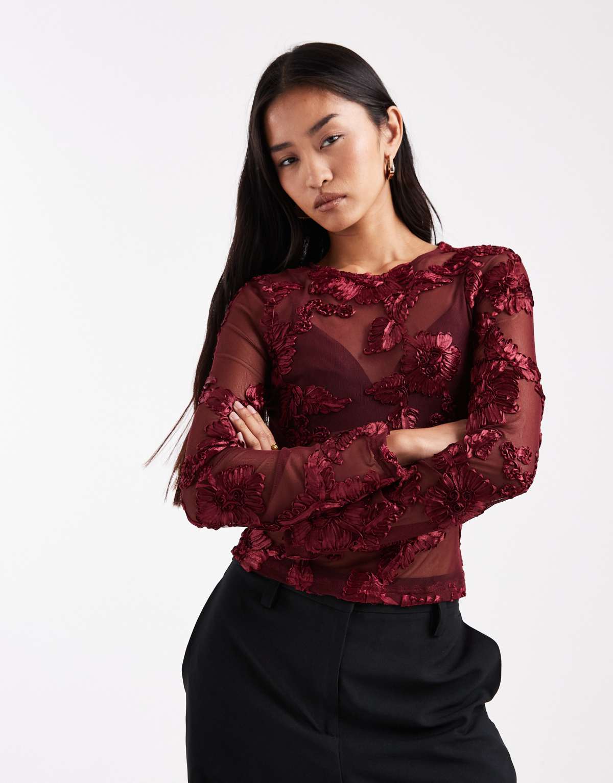 ASOS DESIGN embroidered floral mesh long sleeve top in burgundy