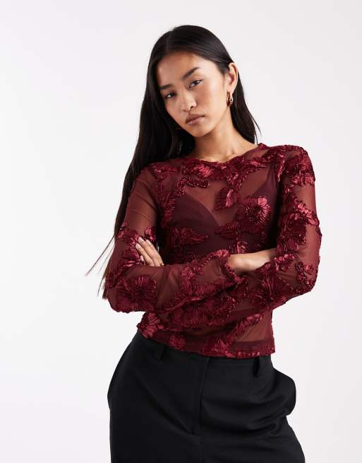 ASOS DESIGN embroidered floral mesh long sleeve top in burgundy