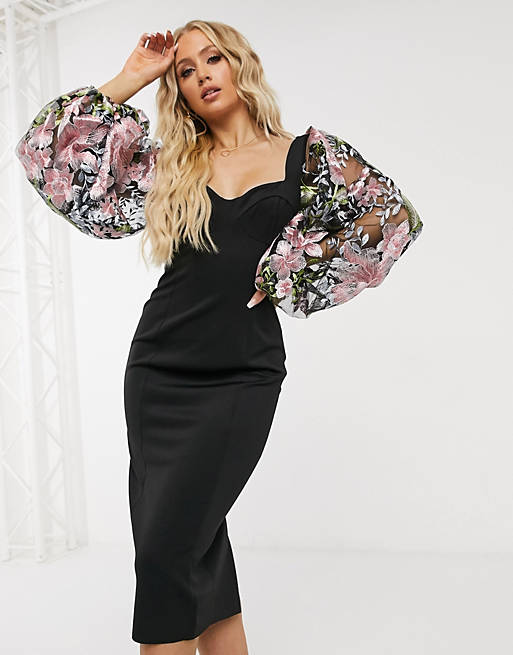 ASOS DESIGN embroidered floral mesh puff sleeve cupped midi dress pencil in  black