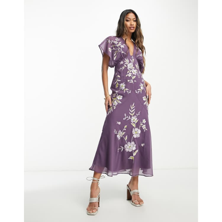 ASOS DESIGN embroidered floral midi dress with batwing sleeve in