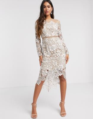 asos design embroidered midi dress with lace trims