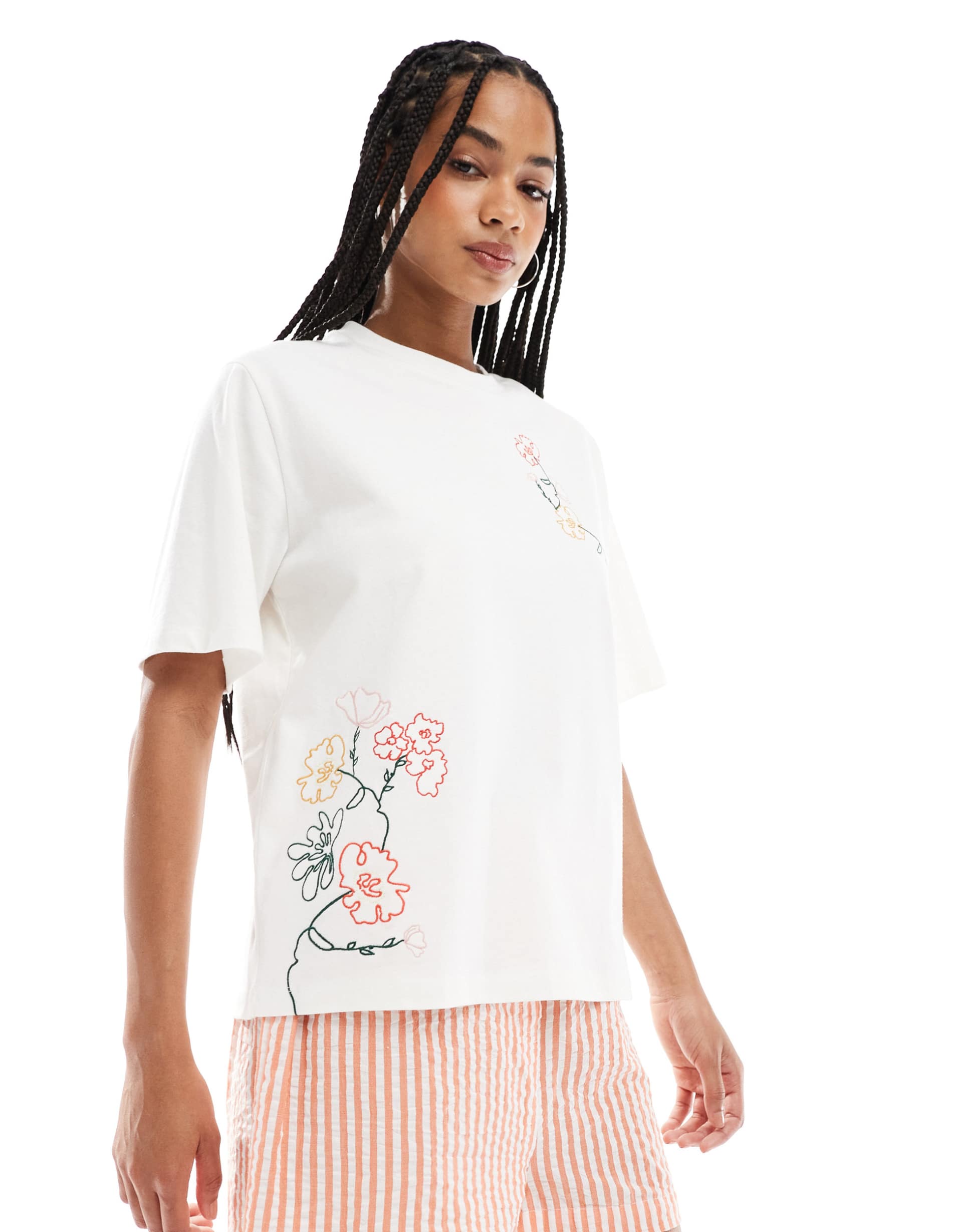 asos design embroidered floral t-shirt in cream