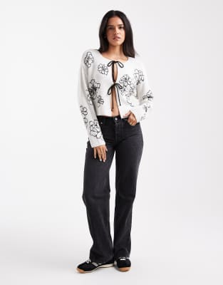 Asos Design Embroidered Flower Tie Front Cardigan In White