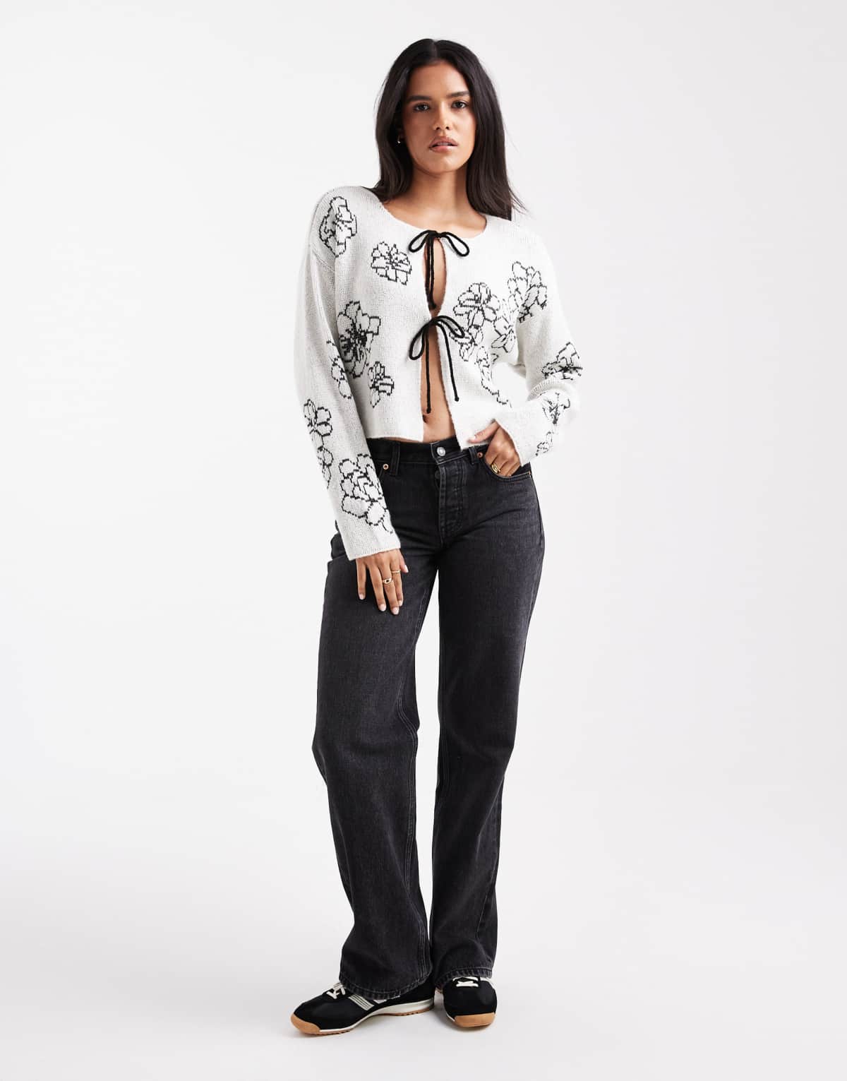 ASOS DESIGN embroidered flower tie front cardigan in ecru
