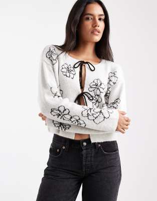 Asos Design Embroidered Flower Tie Front Cardigan In White