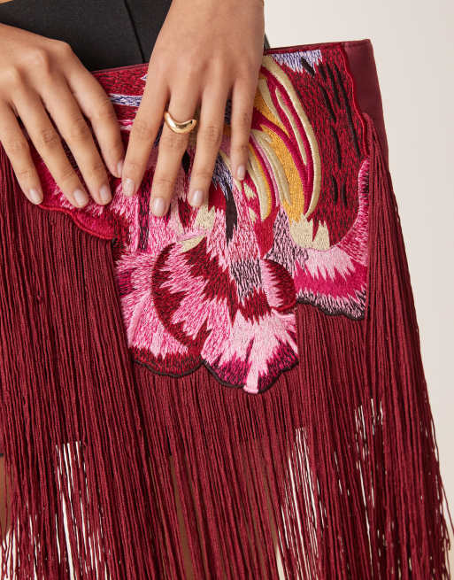 ASOS DESIGN embroidered flower zip top clutch with tassel
