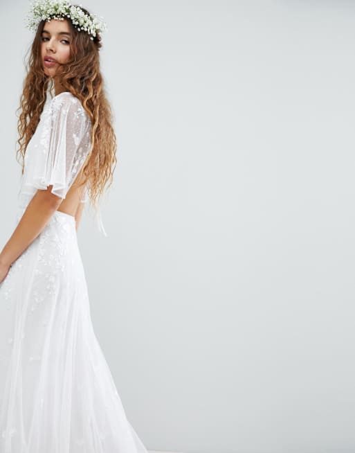 Asos edition wedding floral embroidered dobby hot sale mesh flutter sleeve maxi dress