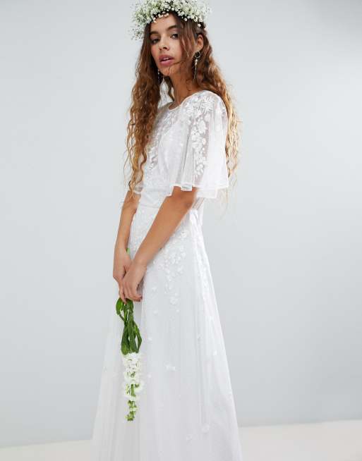 Asos edition wedding floral embroidered dobby mesh flutter sleeve sales maxi dress