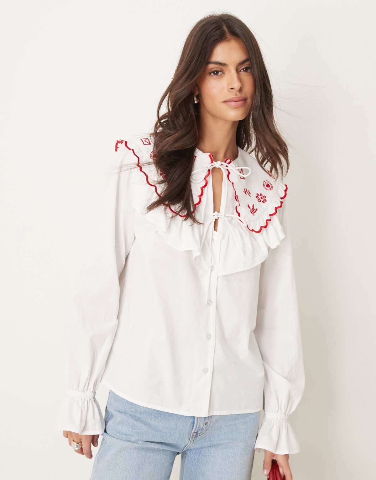 ASOS DESIGN embroidered frill collar shirt in white