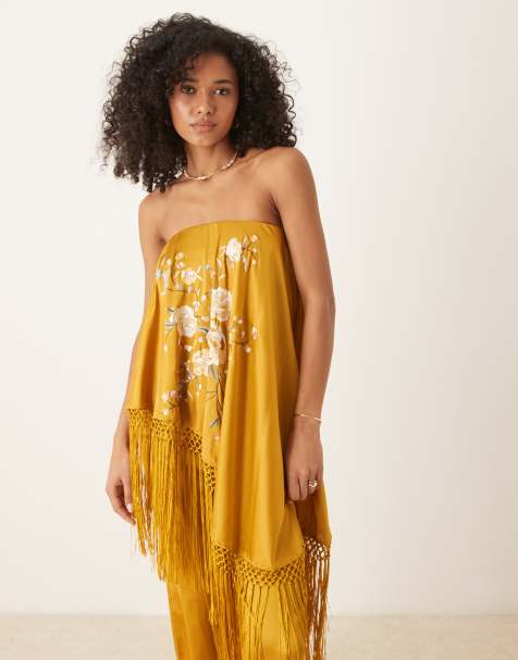 ASOS DESIGN embroidered fringe overlay satin jumpsuit in ochre - view 1